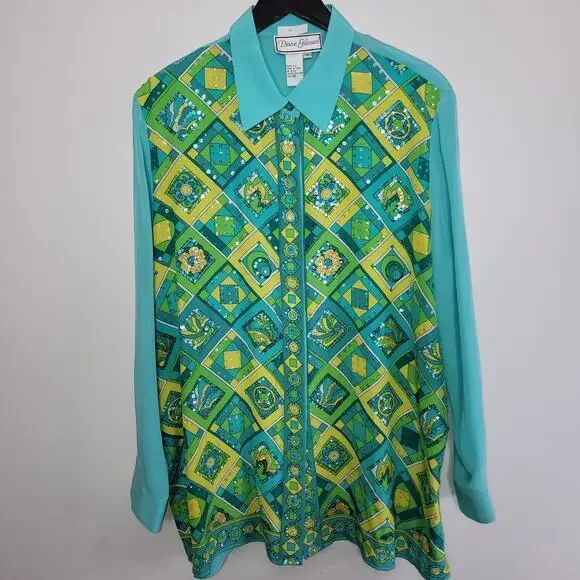Diane Gilman Womens Blouse Top 1X Silk Sequin Art to Wear Blue Yellow Green - Picture 1 of 9